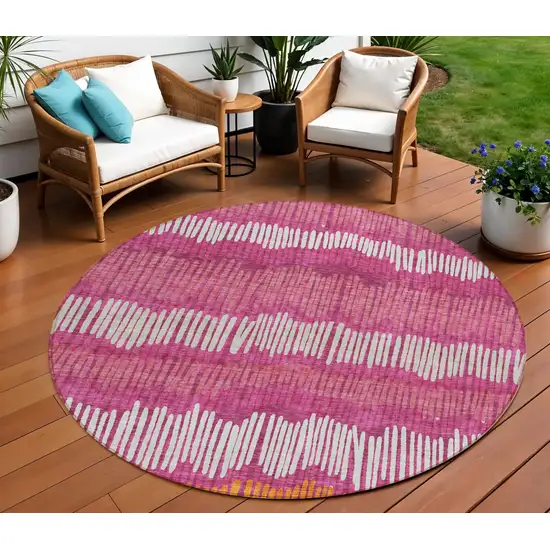 8' Blush Ivory And Brown Round Striped Washable Indoor Outdoor Area Rug Photo 1