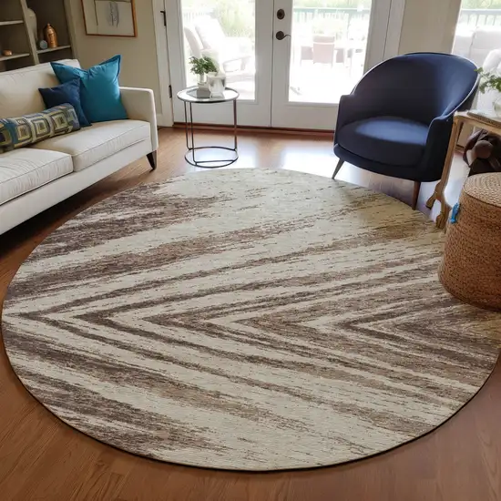 8' Brown And Beige Round Abstract Washable Indoor Outdoor Area Rug Photo 7