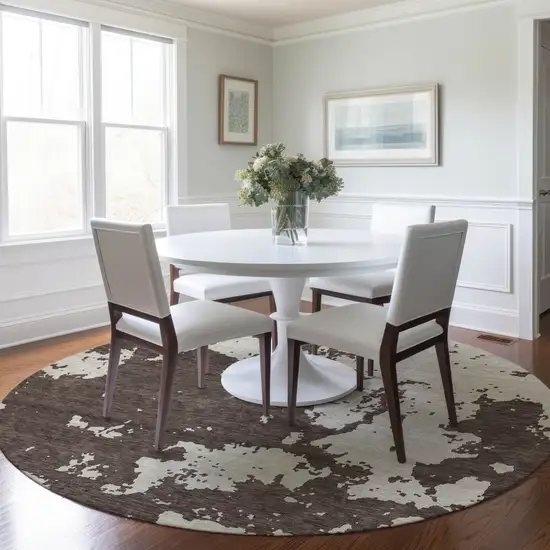 8' Brown And Beige Round Abstract Washable Indoor Outdoor Area Rug Photo 7