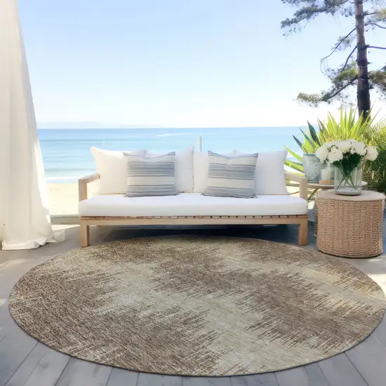 8' Brown And Beige Round Chevron Washable Indoor Outdoor Area Rug Photo 6