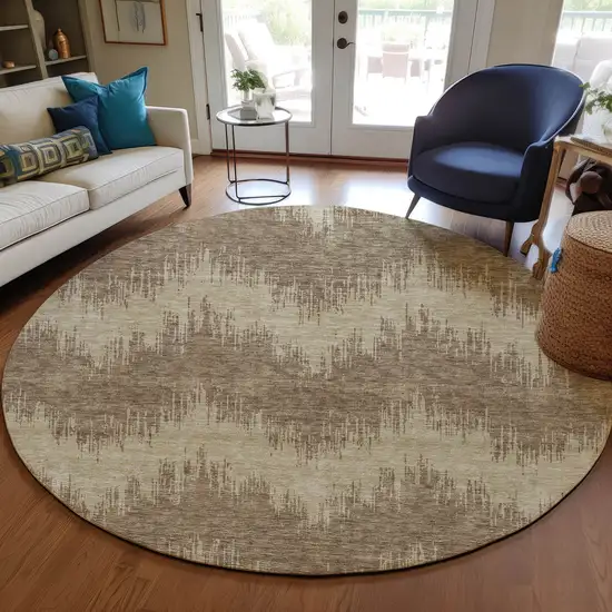 8' Brown And Beige Round Chevron Washable Indoor Outdoor Area Rug Photo 7
