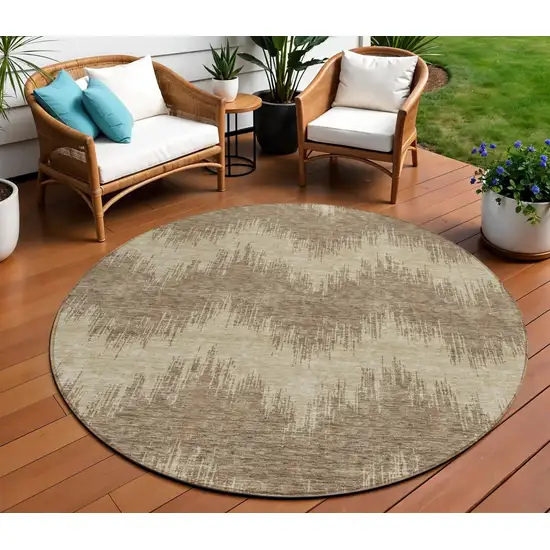 8' Brown And Beige Round Chevron Washable Indoor Outdoor Area Rug Photo 1