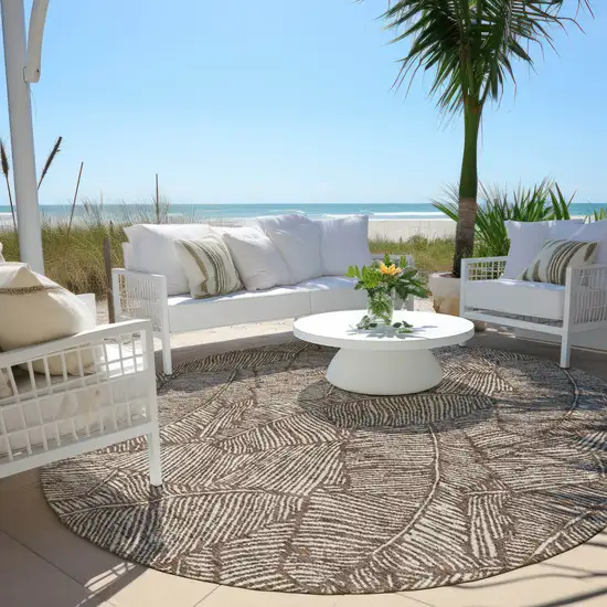 8' Brown And Beige Round Floral Washable Indoor Outdoor Area Rug Photo 7
