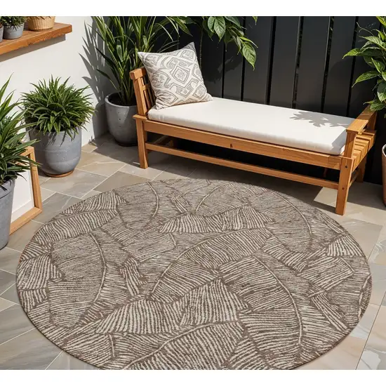 8' Brown And Beige Round Floral Washable Indoor Outdoor Area Rug Photo 1