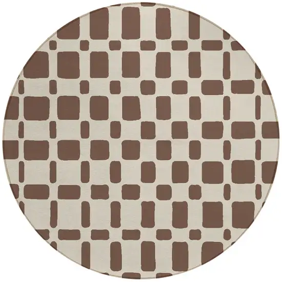 8' Brown And Beige Round Geometric Washable Indoor Outdoor Area Rug Photo 5