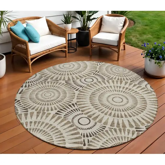 8' Brown And Beige Round Geometric Washable Indoor Outdoor Area Rug Photo 1