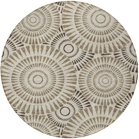 8' Brown And Beige Round Geometric Washable Indoor Outdoor Area Rug Photo 6