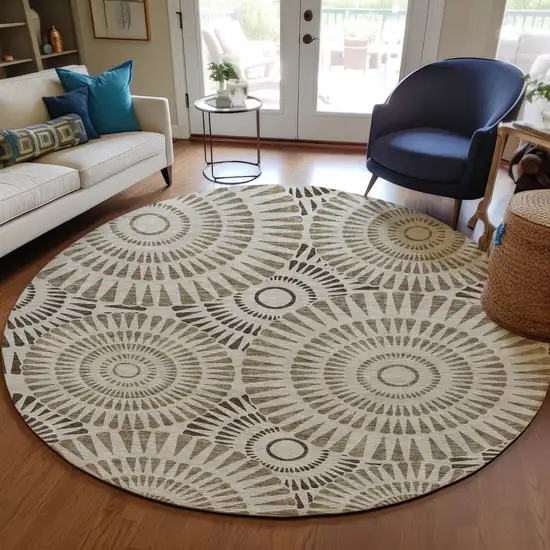 8' Brown And Beige Round Geometric Washable Indoor Outdoor Area Rug Photo 8