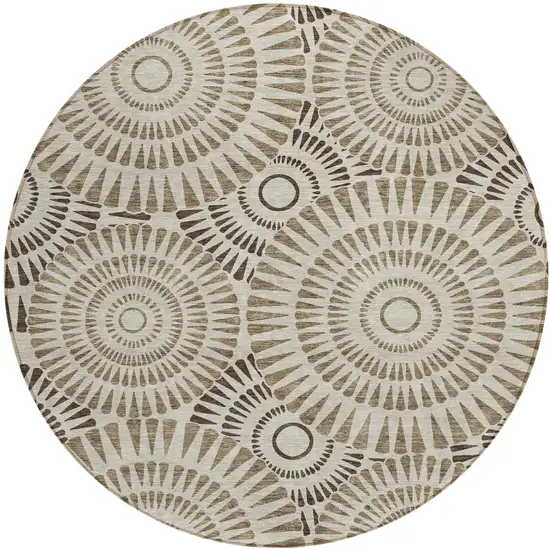 8' Brown And Beige Round Geometric Washable Indoor Outdoor Area Rug Photo 2