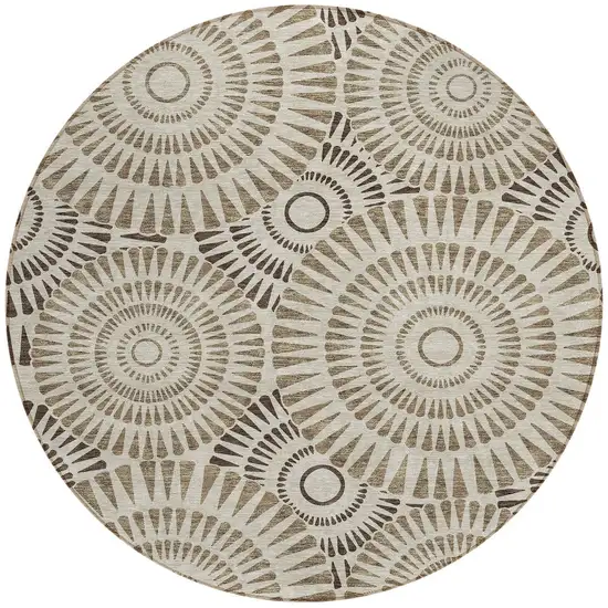 8' Brown And Beige Round Geometric Washable Indoor Outdoor Area Rug Photo 5