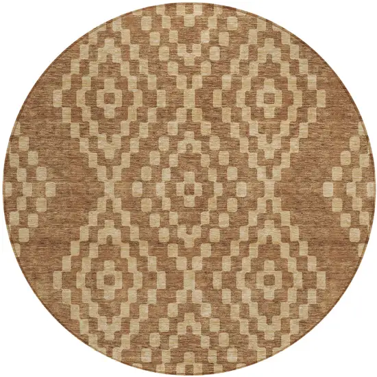 8' Brown And Beige Round Geometric Washable Indoor Outdoor Area Rug Photo 2