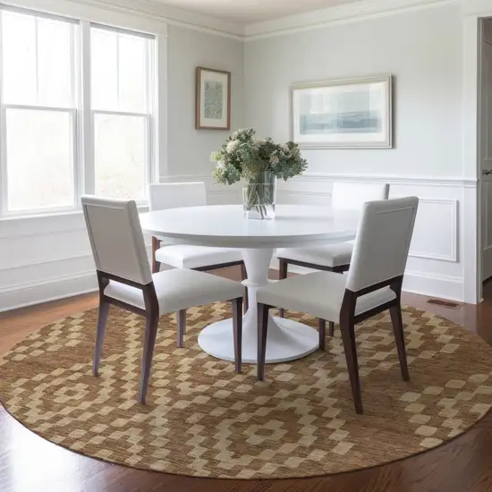 8' Brown And Beige Round Geometric Washable Indoor Outdoor Area Rug Photo 7