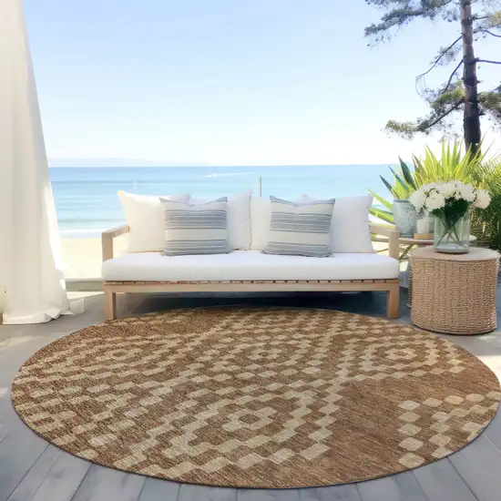 8' Brown And Beige Round Geometric Washable Indoor Outdoor Area Rug Photo 6