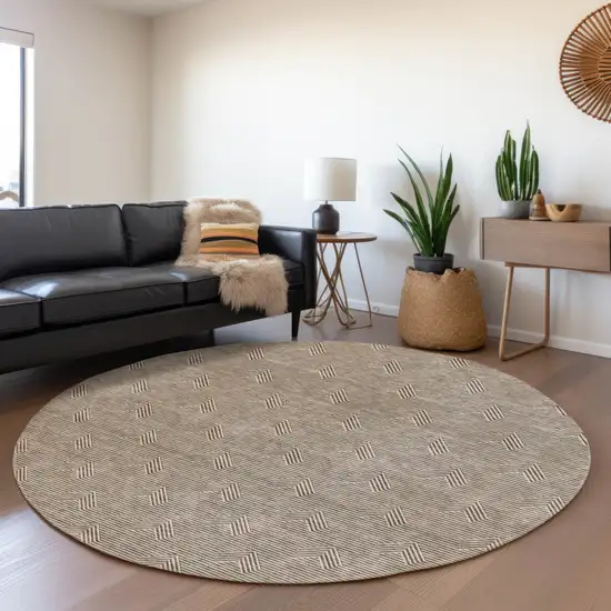 8' Brown And Beige Round Geometric Washable Indoor Outdoor Area Rug Photo 7