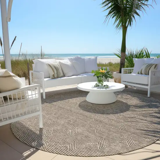 8' Brown And Beige Round Geometric Washable Indoor Outdoor Area Rug Photo 6