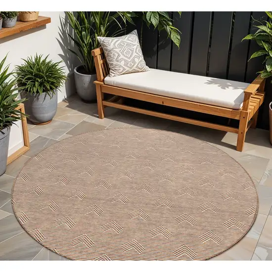8' Brown And Beige Round Geometric Washable Indoor Outdoor Area Rug Photo 1