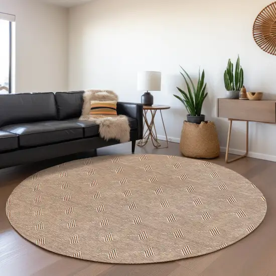 8' Brown And Beige Round Geometric Washable Indoor Outdoor Area Rug Photo 8