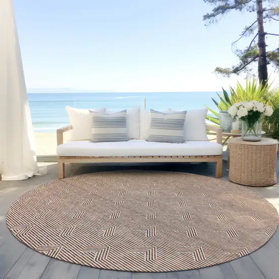 8' Brown And Beige Round Geometric Washable Indoor Outdoor Area Rug Photo 7