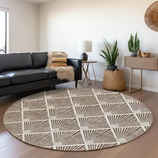 8' Brown And Beige Round Geometric Washable Indoor Outdoor Area Rug Photo 8