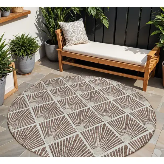 8' Brown And Beige Round Geometric Washable Indoor Outdoor Area Rug Photo 1