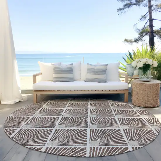 8' Brown And Beige Round Geometric Washable Indoor Outdoor Area Rug Photo 7