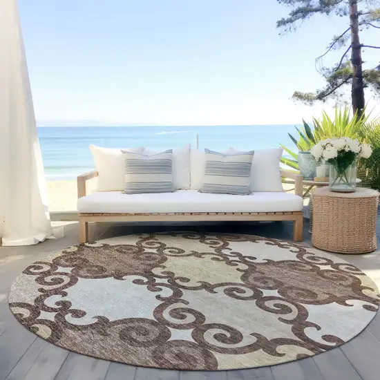 8' Brown And Beige Round Trellis Washable Indoor Outdoor Area Rug Photo 6
