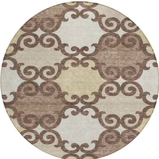 8' Brown And Beige Round Trellis Washable Indoor Outdoor Area Rug Photo 5