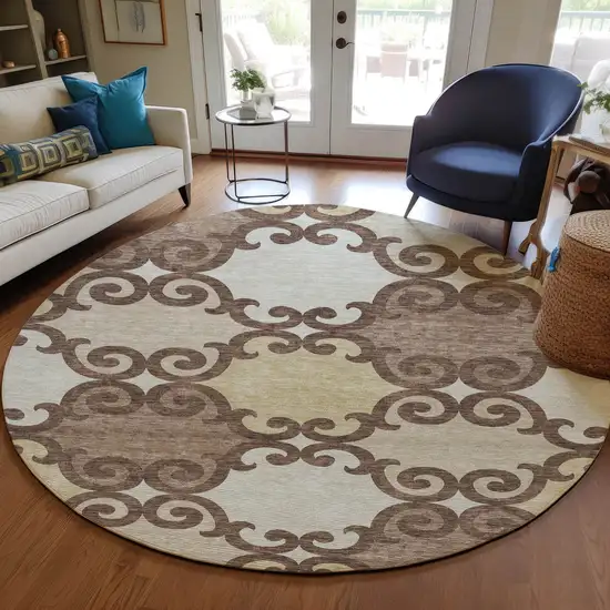 8' Brown And Beige Round Trellis Washable Indoor Outdoor Area Rug Photo 7