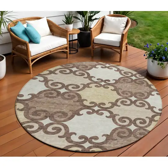 8' Brown And Beige Round Trellis Washable Indoor Outdoor Area Rug Photo 1