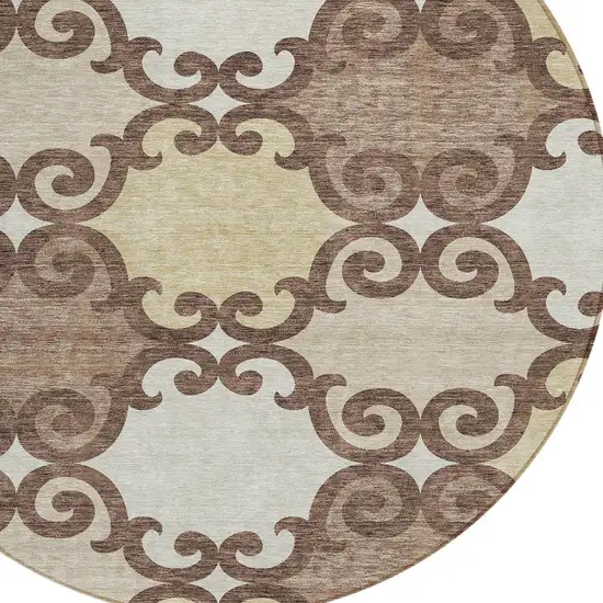 8' Brown And Beige Round Trellis Washable Indoor Outdoor Area Rug Photo 4
