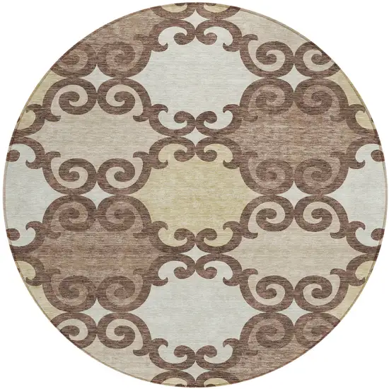 8' Brown And Beige Round Trellis Washable Indoor Outdoor Area Rug Photo 2