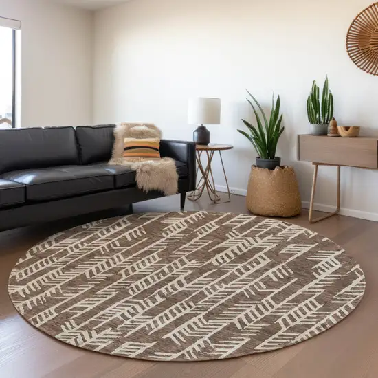 8' Brown And Beige Round Tribal Washable Indoor Outdoor Area Rug Photo 7