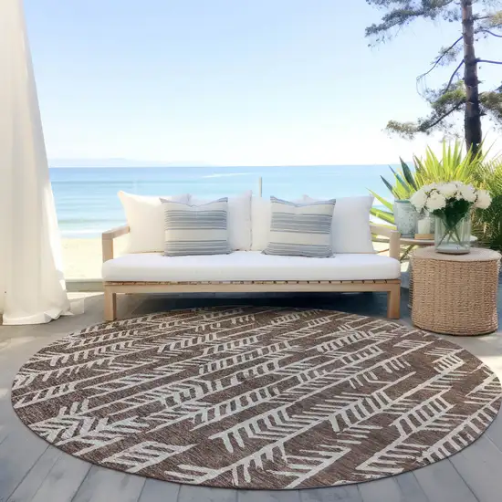 8' Brown And Beige Round Tribal Washable Indoor Outdoor Area Rug Photo 6