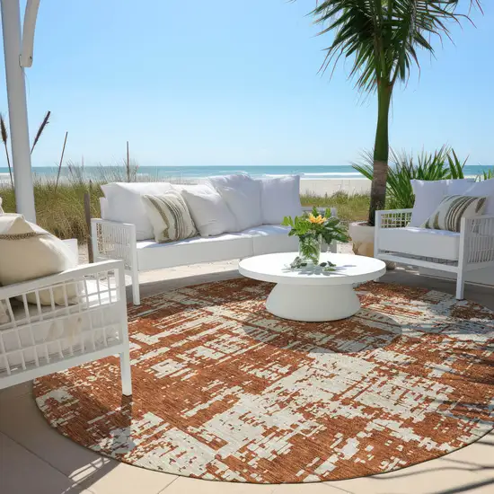 8' Brown And Ivory Round Abstract Washable Indoor Outdoor Area Rug Photo 6
