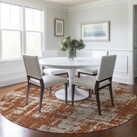 8' Brown And Ivory Round Abstract Washable Indoor Outdoor Area Rug Photo 7