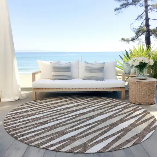 8' Brown And Ivory Round Geometric Washable Indoor Outdoor Area Rug Photo 6
