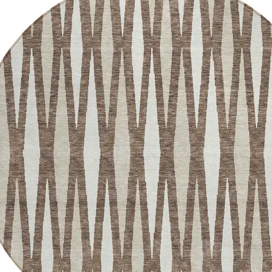 8' Brown And Ivory Round Geometric Washable Indoor Outdoor Area Rug Photo 4