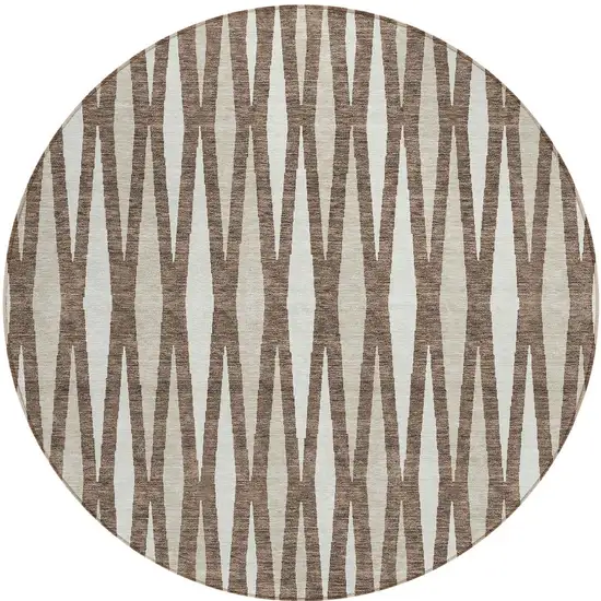 8' Brown And Ivory Round Geometric Washable Indoor Outdoor Area Rug Photo 5