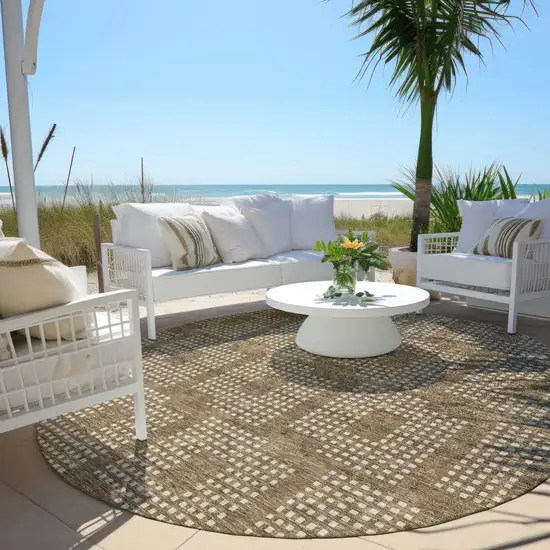 8' Brown And Ivory Round Geometric Washable Indoor Outdoor Area Rug Photo 6