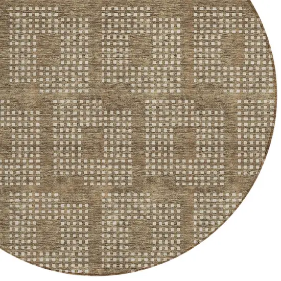 8' Brown And Ivory Round Geometric Washable Indoor Outdoor Area Rug Photo 4