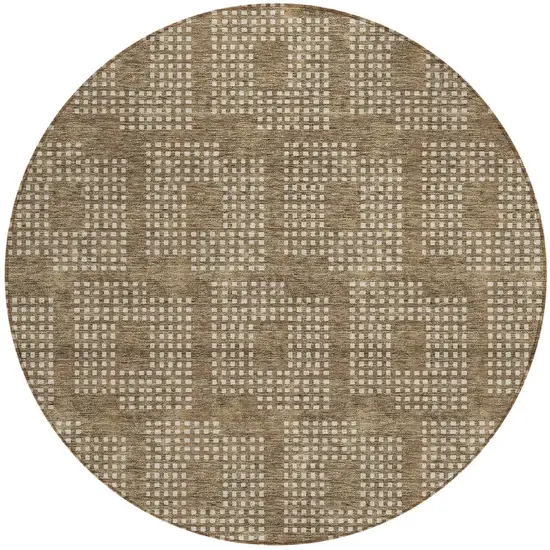 8' Brown And Ivory Round Geometric Washable Indoor Outdoor Area Rug Photo 5