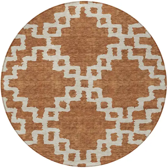 8' Brown And Ivory Round Geometric Washable Indoor Outdoor Area Rug Photo 5