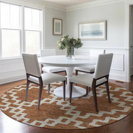 8' Brown And Ivory Round Geometric Washable Indoor Outdoor Area Rug Photo 7