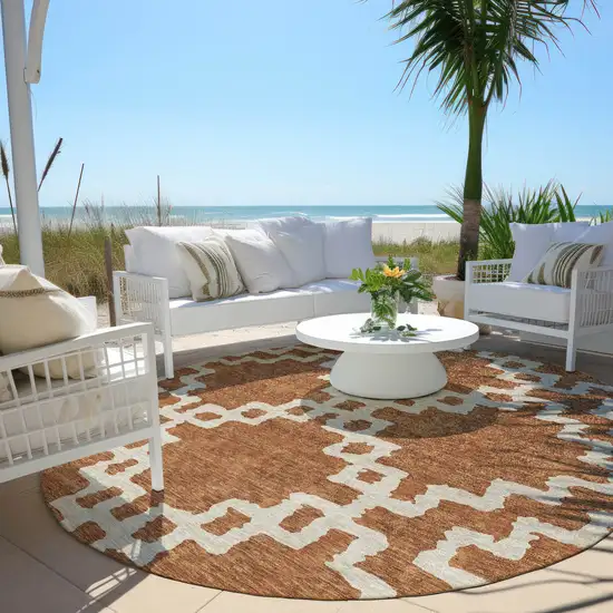 8' Brown And Ivory Round Geometric Washable Indoor Outdoor Area Rug Photo 6