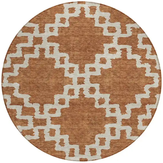 8' Brown And Ivory Round Geometric Washable Indoor Outdoor Area Rug Photo 4