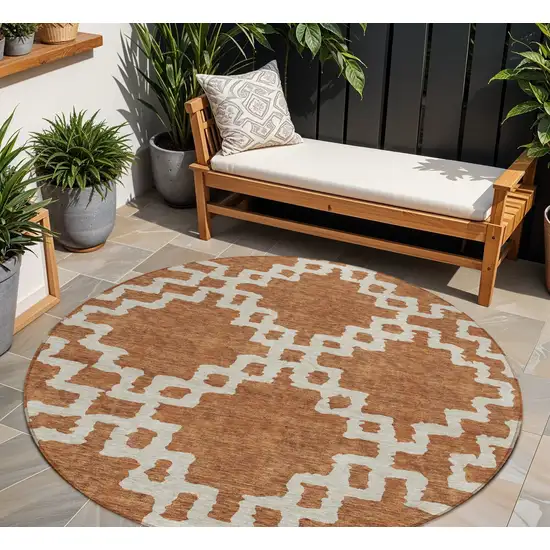 8' Brown And Ivory Round Geometric Washable Indoor Outdoor Area Rug Photo 1