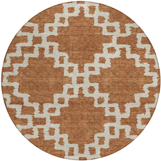 8' Brown And Ivory Round Geometric Washable Indoor Outdoor Area Rug Photo 2