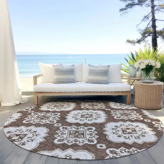 8' Brown And Ivory Round Medallion Washable Indoor Outdoor Area Rug Photo 6