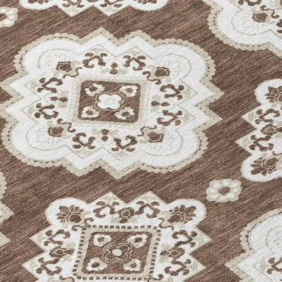 8' Brown And Ivory Round Medallion Washable Indoor Outdoor Area Rug Photo 8