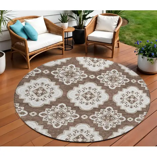 8' Brown And Ivory Round Medallion Washable Indoor Outdoor Area Rug Photo 1